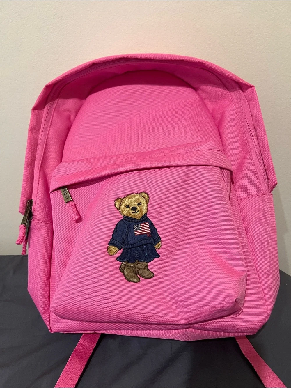 Kids Pink Bear Embroidered Backpack